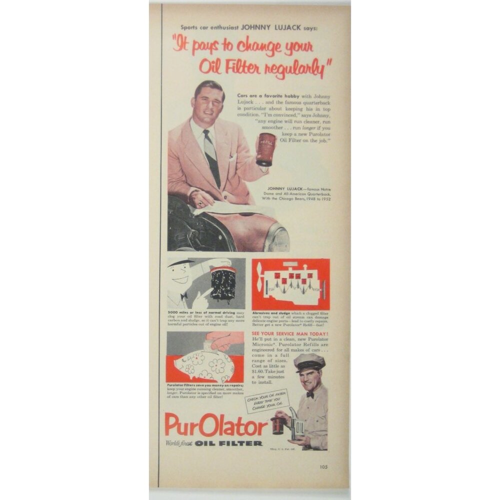 Vintage 1950s PurOlator Oil Filter Ad Print Johnny Lujack Auto Car